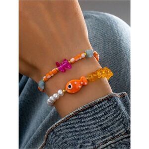 Orange Beaded Fish Charm Bracelet set A1672